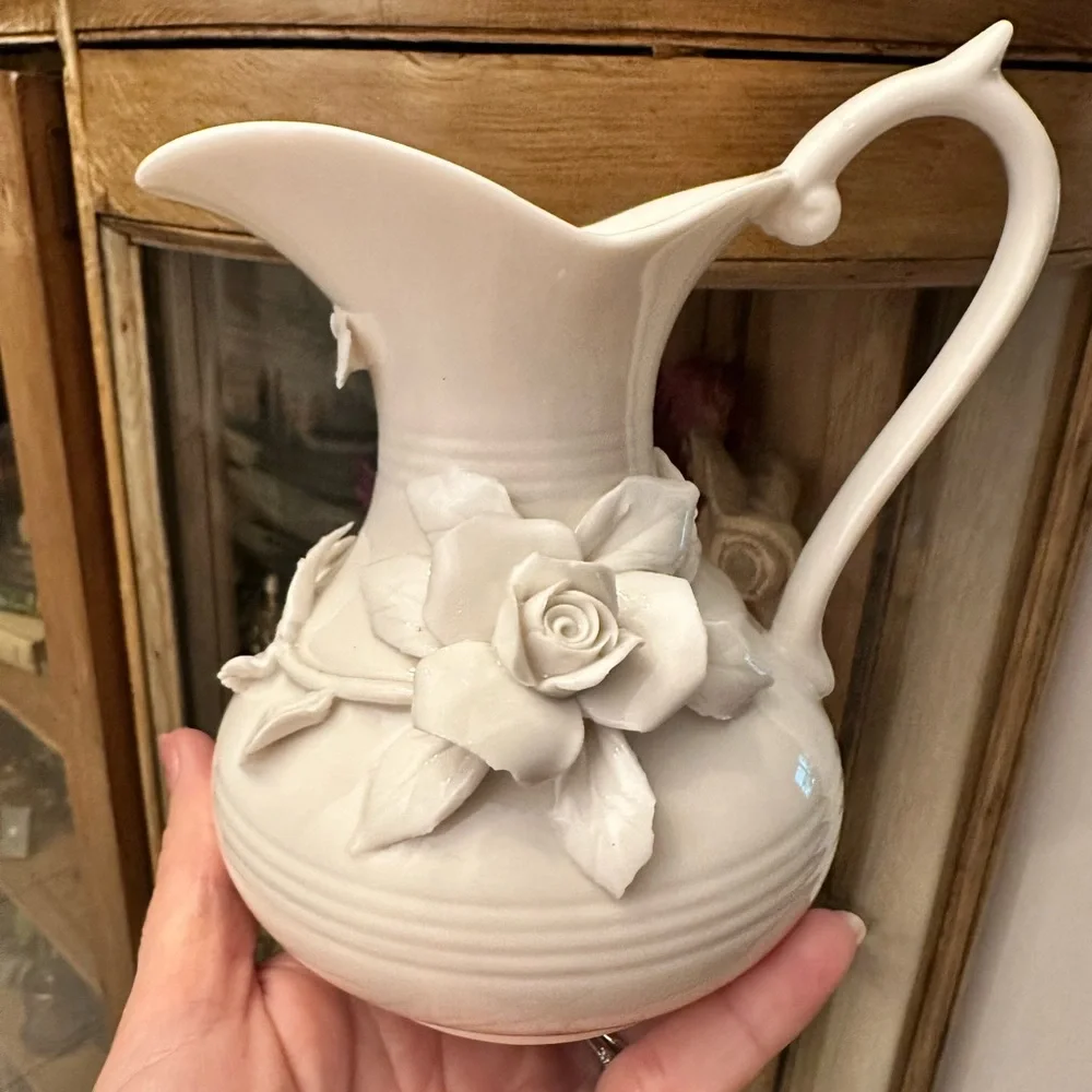 Vintage Porcelain Floral Pitcher - White Raised Rose Accent